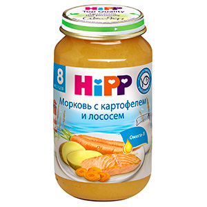 Hipp Пюре морковь с картофелем и лососем с 8 мес. 220 гПюре морковь с картофелем и лососем с 8 мес. 220 г Hipp Пюре морковь с картофелем и лососем с 8 мес. 220 гПюре морковь с картофелем и лососем с 8 мес. 220 гHipp Пюре морковь с картофелем и лососем - это вкусное и питательное блюдо для детей первого года жизни. Особенности: без добавления соли без добавления крахмала богат натуральным β-каротином без глютена без консервантов, красителей, ароматизаторов с маленькими кусочками, которые учат Вашего малыша жевать Содержит Омега-3 жирные кислоты<br>