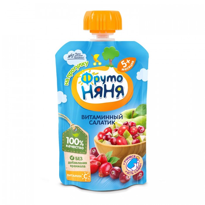 ФрутоНяня Пюре Витаминный салатик с 5 мес. 90 г (пауч)Пюре Витаминный салатик с 5 мес. 90 г (пауч) ФрутоНяня Пюре Витаминный салатик с 5 мес. 90 г (пауч)Пюре Витаминный салатик с 5 мес. 90 г (пауч)ФрутоНяня Пюре яблоко, шиповник, клюква богато витаминами и минеральными солями, содержит органические кислоты и клетчатку, благоприятно воздействующую на работу кишечника. Поэтому оно особенно показано детям, имеющим склонность к запорам. Оно богаты пектином, способным выводить из организма токсические вещества. Особенности: 100% натуральное Обогащено витамином С Без крахмала Без консервантов Состав: пюре из яблок пюре из шиповника пюре из клюкв сахар витамин С<br>