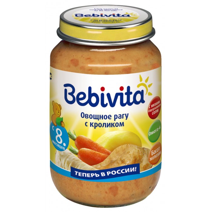 Bebivita Пюре Овощное рагу с кроликом с 8 мес. 190 гПюре Овощное рагу с кроликом с 8 мес. 190 г Bebivita Пюре Овощное рагу с кроликом с 8 мес. 190 гПюре Овощное рагу с кроликом с 8 мес. 190 гBebivita Пюре овощное рагу с кроликом приготовлено с заботой – из лучших ингредиентов, которые может дать природа. Особенности: С низким содержанием соли – для нежного натурального вкуса Кукурузное масло – источник ценных ненасыщенных жирных кислот Омега-6, которые важны для сбалансированного питания Не содержит молочный белок Без ароматизаторов Без консервантов Без красителей Без глютена Без ГМО Богато железом – важным элементом для кроветворения и умственного развития Рекомендации по кормлению: Для прикорма детей с 8-ми месяцев. Начинайте с 0.5 чайной ложки 1 раз в день, постепенно увеличивая порцию до возрастной нормы. Сбалансированное питание с овощами и мясом. Продукт готов к употреблению. Извлечь необходимое количество и подогреть на водяной бане или в микроволновой печи, перемешать и проверить температуру. Начатую баночку хранить закрытой в холодильнике и использовать в течение суток. Состав: морковь, вода, картофель, мясо кролика, пастернак, мука рисовая грубого помола, масло кукурузное, соль йодированная, тмин молотый, железа (III) пирофосфат. Содержание мяса: 15.2 г.<br>