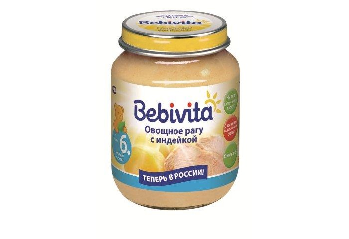 Bebivita Пюре Овощное рагу с индейкой с 6 мес. 100 гПюре Овощное рагу с индейкой с 6 мес. 100 г Bebivita Пюре Овощное рагу с индейкой с 6 мес. 100 гПюре Овощное рагу с индейкой с 6 мес. 100 гBebivita Пюре овощное рагу с индейкой приготовлено с заботой – из лучших ингредиентов, которые может дать природа. Особенности: Низкоаллергенный продукт: простой рецепт, без глютена, не содержит молочный белок С низким содержанием соли – для нежного натурального вкуса Без ароматизаторов Без красителей Без консервантов Без ГМО Без искусственных загустителей Кукурузное масло – источник ценных ненасыщенных жирных кислот Омега-6, которые важны для сбалансированного питания Рекомендации по кормлению: для прикорма детей старше 6-ти месяцев, начиная с 1/2 чайной ложки 2 раза в день, увеличивая к 12 месяцам до 100 г в день. Сбалансированное питание с овощами и мясом. Продукт готов к употреблению. Извлечь необходимое количество и подогреть на водяной бане или в микроволновой печи, перемешать и проверить температуру. Начатую баночку хранить закрытой в холодильнике и использовать в течение суток. Состав: вода, картофель 40%, мясо индейки 8%, мука рисовая грубого помола, масло кукурузное, крахмал рисовый, соль йодированная. Содержание мяса: 8 г.<br>