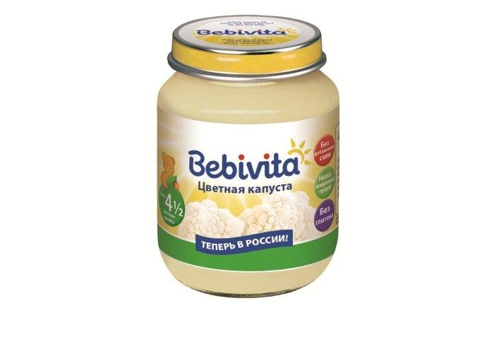 Bebivita Пюре Цветная капуста с 4.5 мес. 100 гПюре Цветная капуста с 4.5 мес. 100 г Bebivita Пюре Цветная капуста с 4.5 мес. 100 гПюре Цветная капуста с 4.5 мес. 100 гBebivita Пюре Цветная капуста приготовлено с заботой – из лучших ингредиентов, которые может дать природа. Особенности: Низкоаллергенный продукт: простой рецепт, без глютена, не содержит молочный белок Без добавления соли Без ароматизаторов Без красителей Без консервантов Без ГМО Рекомендации по кормлению: для прикорма детей старше 4-х месяцев, начиная с 1/2 чайной ложки 1 раз в день, постепенно увеличивая порцию до возрастной нормы. Для детей постарше идеально подходит в качестве овощного гарнира. Продукт готов к употреблению. Извлечь необходимое количество и подогреть на водяной бане или в микроволновой печи, перемешать и проверить температуру. Начатую баночку хранить закрытой в холодильнике и использовать в течение суток. Состав: вода, цветная капуста, рисовая мука грубого помола, рисовый крахмал.<br>