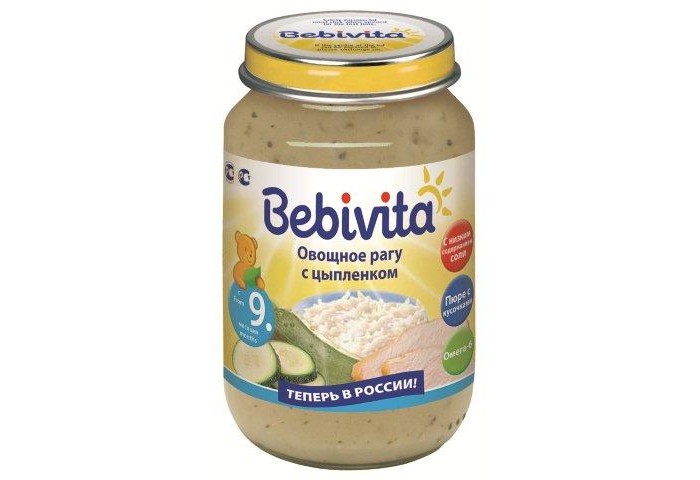 Bebivita Пюре Овощное рагу с цыплёнком с 9 мес. 190 гПюре Овощное рагу с цыплёнком с 9 мес. 190 г Bebivita Пюре Овощное рагу с цыплёнком с 9 мес. 190 гПюре Овощное рагу с цыплёнком с 9 мес. 190 гBebivita Пюре Овощное рагу с цыплёнком приготовлено с заботой – из лучших ингредиентов, которые может дать природа. Особенности: С низким содержанием соли – для нежного натурального вкуса Кукурузное масло – источник ценных ненасыщенных жирных кислот Омега-6, которые важны для сбалансированного питания Без глютена Без ароматизаторов, красителей, консервантов Не содержит ГМО Не содержит молочный белок Рекомендации по кормлению: для прикорма детей старше 9-ти, начиная с 1 чайной ложки 2 раза в день, постепенно увеличивая количество к 12 месяцам до 100 г в день. Сбалансированное питание с овощами и мясом. Продукт готов к употреблению. Извлечь необходимое количество и подогреть на водяной бане или в микроволновой печи, перемешать и проверить температуру. Начатую баночку хранить закрытой в холодильнике и использовать в течение суток. Состав: вода, цукини, мясо цыплёнка, рис, мука рисовая грубого помола, лук, масло кукурузное, крахмал рисовый, соль йодированная. Содержание мяса: 15,2 г.<br>