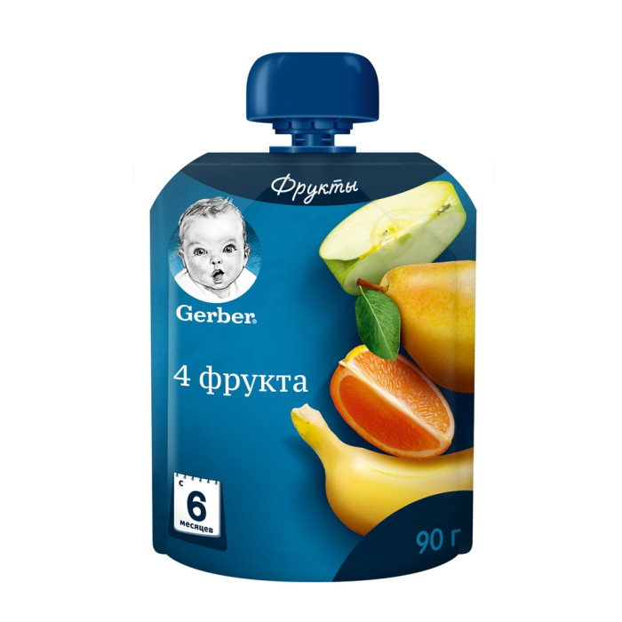 Gerber Пюре 4 фрукта с 6 мес. 90 г (пауч)Пюре 4 фрукта с 6 мес. 90 г (пауч) Gerber Пюре 4 фрукта с 6 мес. 90 г (пауч)Пюре 4 фрукта с 6 мес. 90 г (пауч)Gerber Пюре 4 фрукта в новой мягкой и практичной упаковке имеет уникальный мультифруктовый состав, подходит детям с 6-ти месяцев. Особенности: яблоки богаты природными сахарами, органическими кислотами, витаминами и микроэлементами железо в сочетании с витамином с хорошо всасывается в кишечнике, способствуя профилактике анемии бананы имеют сбалансированный витаминный состав. В них содержится большое количество витаминов е и с, а количество витамина в составляет не менее четверти рекомендованной ежедневной дозы груша – ценный источник органических кислот и пищевых волокон сок апельсина богат углеводами, органическими кислотами, азотистыми и минеральными соединениями и микроэлементами, особенно железом и медью, необходимыми при малокровии удобная упаковка для прогулок и путешествий чистая рецептура (без добавления крахмала и сахара) крупное изображение фруктов на упаковке способствует развитию малышей Состав: пюре из бананов, пюре из груш, пюре из яблок, концентрированные фруктовые соки (апельсиновый, грушевый, лимонный), витамин с. Идеальной пищей для грудного ребенка является молоко матери. Продолжайте грудное вскармливание как можно дольше после введения прикорма. Необходима консультация специалиста.<br>