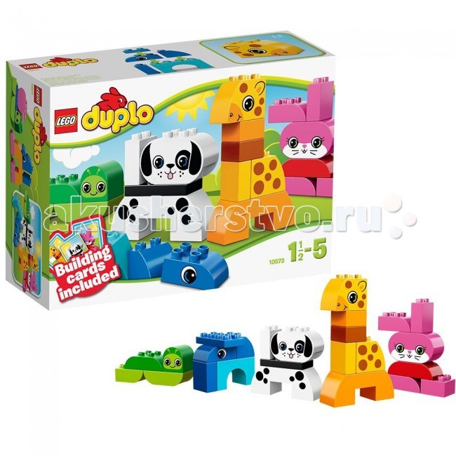 Конструктор Lego Duplo 10573 Лего Дупло Веселые зверушкиDuplo 10573 Лего Дупло Веселые зверушки Конструктор Lego Duplo 10573 Лего Дупло Веселые зверушкиDuplo 10573 Лего Дупло Веселые зверушкиКонструктор Lego Duplo 10573 Лего Дупло Веселые зверушки состоит из 25 яркий элементов. Познакомьте малыша с миром творчества и веселого строительства вместе с этим набором от LEGO DUPLO! Из кубиков можно создать множество забавных, веселых зверушек - жирафа, собаку, червячка, кролика. Помогут в этом специальные карточки-подсказки, в которых очень легко разобраться. А потом можно придумать своих, особенных и уникальных созданий! Приготовьтесь отправить в мир бесконечных игровых возможностей Лего! В набор входит: карточки-подсказки для сборки зверей специальные кубики с мордочками животных кубики инструкция по сборке. Количество деталей: 25 шт.<br>