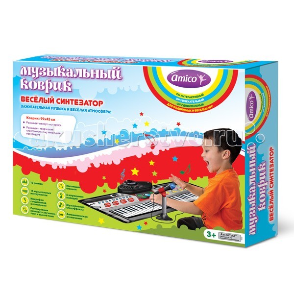 Игровой коврик Ami&Co (AmiCo) Веселый синтезатор 20606Веселый синтезатор 20606 Игровой коврик Ami&Co (AmiCo) Веселый синтезатор 20606Веселый синтезатор 20606Коврик музыкальный Веселый синтезатор. Музыкальный коврик Amico – это увлекательная игрушка для подвижных игр. Она способствуют всестороннему развитию ребенка, сочетая в себе элементы игры, танца и спорта. Коврики реагируют на прикосновения и содержат несколько интерактивных игр, сопровождающихся веселой музыкой и звуками. Это настоящий синтезатор, с помощь которого можно играть на 16 музыкальных инструментах, менять темп, ритм и направление музыки, добавлять различные спецэффекты или записывать мелодию собственного сочинения. Подключите микрофон – и теперь можно не только слушать музыку, но и петь! 8 музыкальных инструментов, 10 ритмов, 6 встроенных мелодий, музыкальные спецэффекты, регулируемые громкость звучания, темп и высота тона, микрофон с подставкой в комплекте, мигающие огоньки, автоматическое отключение. Размер коврика: 99 x 45 см<br>