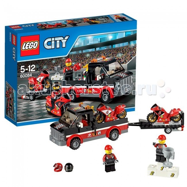 Конструктор Lego City 60084 Лего Город Перевозчик гоночных мотоцикловCity 60084 Лего Город Перевозчик гоночных мотоциклов Конструктор Lego City 60084 Лего Город Перевозчик гоночных мотоцикловCity 60084 Лего Город Перевозчик гоночных мотоцикловКонструктор Lego City 60084 Лего Город Перевозчик гоночных мотоциклов собирается из 178 деталей, включая 2 минифигурки. Команда гонщиков направляется на стадион на финал чемпионата по мотогонкам! Присоединяйся к асам, садись на превосходный перевозчик их высокоскоростных гоночных мотоциклов. Когда приедете на стадион, помоги выгрузить мотоциклы и отправляйся на круг. Толпа в восторге, это будет небывалая гонка. Кто займет верхнюю ступень пьедестала и поднимет кубок чемпионата? В набор входит: 2 минифигурки гонщиков большой пикап с местом для мотоцикла прицеп для перевозки 2 спортбайка подиум и кубок 2 гоночных шлема. Количество деталей: 178 шт.<br>
