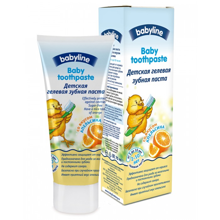 Babyline Детская гелевая зубная паста со вкусом Апельсина 75 мл от 2-10 летДетская гелевая зубная паста со вкусом Апельсина 75 мл от 2-10 лет Babyline Детская гелевая зубная паста со вкусом Апельсина 75 мл от 2-10 летДетская гелевая зубная паста со вкусом Апельсина 75 мл от 2-10 летBabyLine Детская гелевая зубная паста со вкусом Апельсина 75 мл DB012 Данная детская зубная паста создана с учетом возрастных особенностей малышей. Мягкая чистящая система не травмирует нежную детскую эмаль, не вызывает раздражения слизистой при случайном проглатывании. Небольшое содержание фтора поможет сохранить зубы здоровыми. Идеально подходит для обучения детей чистке зубов, а вкус апельсина превращают гигиеническую процедуру в настоящее удовольствие!<br>