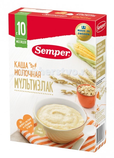 Semper Молочная каша мультизлак с 9 мес. 200 гМолочная каша мультизлак с 9 мес. 200 г Semper Молочная каша мультизлак с 9 мес. 200 гМолочная каша мультизлак с 9 мес. 200 гSemper Каша Молочная мультизлак прекрасно подходит в качестве сытного завтрака и обогащает меню грудного ребенка на этапе перехода на твердую пищу. Продукт произведен из отборных злаков и свежего молока, а также обогащен йодом, железом, кальцием и витамином D, которые необходимы для правильного развития и роста маленького организма. Готовая кашка обладает нежным натуральным вкусом и кремообразной консистенцией, поэтому ее можно давать ребенку как в бутылочки, так и с ложечки. Особенности: Вкусная и питательная Легко усваивается На основе молочной смеси С витаминами и минералами С натуральными фруктами Состав: обезжиренное молоко, сухая деминерализованная молочная сыворотка, просеянная овсяная мука, овсяная мука, сливки, пшеничный крахмал, рапсовое масло, подсолнечное масло, мальтодекстрин, пшеничная мука, минеральные вещества (кальций, железо, цинк, йод), витамины (A,D,E,C, тиамин, ниацин, B6, фолиевая кислота, B12, пантотеновая кислота).<br>