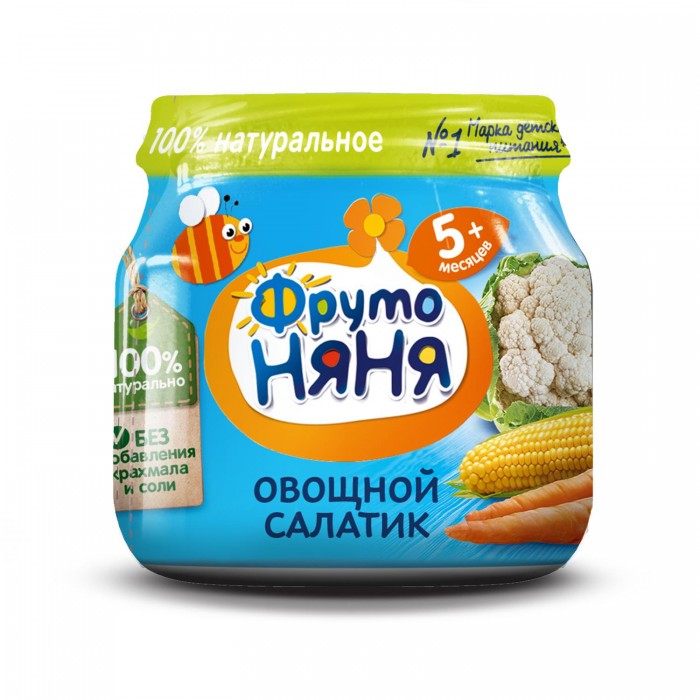 ФрутоНяня Пюре Овощной салатик 5 мес. 80 гПюре Овощной салатик 5 мес. 80 г ФрутоНяня Пюре Овощной салатик 5 мес. 80 гПюре Овощной салатик 5 мес. 80 гФрутоНяНя Пюре Овощной салатик 5 мес. 80 г - это отличное овощное блюдо, которое позволит вам разнообразить рацион вашего малыша. В состав этого блюда входят пюре из цветной капусты, моркови и кукурузы, а также вода. Никаких консервантов, красителей и других добавок пюре не содержит. Может использоваться в качестве детского питания с 5-ти месяцев, а начинать использовать его для прикорма можно и в 4.5 месяца, если давать совсем по чуть-чуть, не более 1/2 чайной ложечки.<br>