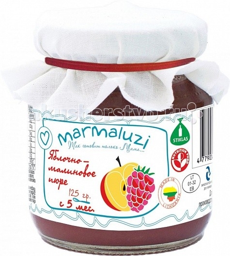Marmaluzi Пюре яблочно-малиновое с 5 мес. 125 гПюре яблочно-малиновое с 5 мес. 125 г Marmaluzi Пюре яблочно-малиновое с 5 мес. 125 гПюре яблочно-малиновое с 5 мес. 125 гMarmaluzi Пюре яблочно-малиновое - это удивительно вкусное и полезное пюре из свежих сладких яблок и сочной малины, выращенных на экологически-чистых Литовских фермерских хозяйствах. Ароматное пюре с кисло-сладким вкусом рекомендуем давать после основного питания, небольшими порциями в качестве десерта. Особенности: 100% натуральный продукт без ароматизаторов, красителей и консервантов - без глютена без добавления соли, крахмала, сахара без ГМО продукт готов к употреблению рекомендуется начинать кормление с 1 чайной ложки, постепенно увеличивая к 12 месяцам до 100 г в день Состав: яблоки 80%, малина 20%, витамин C.<br>