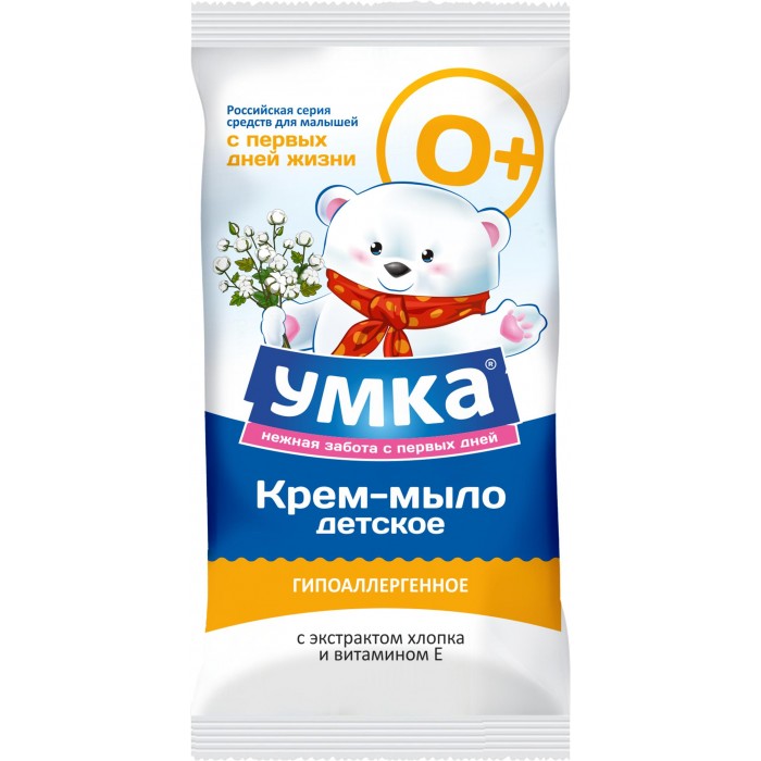Умка Детское мыло с экстрактом хлопка и витамином Е 80 гДетское мыло с экстрактом хлопка и витамином Е 80 г Умка Детское мыло с экстрактом хлопка и витамином Е 80 гДетское мыло с экстрактом хлопка и витамином Е 80 гУмка Детское мыло с экстрактом хлопка и витамином Е гипоалергенное, на основе натуральных и высокоэффективных компонентов. 100% натуральная растительная основа, не содержат живот. жиров и масел, красителей и парабенов.<br>