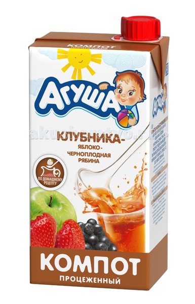 Агуша Компот Клубника-яблоко-черноплодная рябина 500 млКомпот Клубника-яблоко-черноплодная рябина 500 мл Агуша Компот Клубника-яблоко-черноплодная рябина 500 млКомпот Клубника-яблоко-черноплодная рябина 500 млКомпот Агуша Клубника-яблоко-черноплодная рябина Компот приготовлен по традиционной технологии и не содержит красителей и консервантов. Ягоды, входящие в состав этого компота, содержат набор необходимых ребенку микроэлементов и макроэлементов. Клубника оказывает мягкое потогонное действие на организм ребенка, разжижает кровь, нормализует микрофлору кишечника и выводит токсины. Яблоко - источник фруктовых кислот, железа, витамина С. Сочетание железа и витамина С в нем способствует наилучшему всасыванию железа в кишечнике, что является профилактикой анемии. Пектины и фруктовые кислоты в яблоке мягко стимулируют деятельность кишечника. Черноплодная рябина – это настоящий клазедь витаминов (P, C, E, K, B1, B2, B6, бета-каротин), микро и макроэлементов, дубильных и пектиновых веществ. Благодаря высокому содержанию витамина Р и С способствует укреплению стенок сосудов. Без добавления сахара, ароматизаторов, красителей и консервантов. Состав: Клубничный сок, яблочный сок, сок черноплодной рябины, фруктоза, регулятор кислотности – лимонная кислота, натуральный ароматизатор клубники, вода. Минимальная объемная доля фруктового сока – 30 %. Пищевая ценность: На 100 мл продукта: углеводы – 11,2 г, натрий – 3 мг; калорийность/энергетическая ценность – 45 ккал/189 кДж. Условия хранения: Хранить при температуре не выше +25°с.После вскрытия упаковки хранить в холодильнике при температуре от +2°с до +6°с не более 12 часов<br>