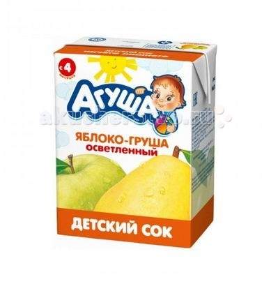 Агуша Сок детский осветленный без сахара Яблоко-Груша 200 млСок детский осветленный без сахара Яблоко-Груша 200 мл Агуша Сок детский осветленный без сахара Яблоко-Груша 200 млСок детский осветленный без сахара Яблоко-Груша 200 млСок детский Агуша осветленный без сахара Груша Яблоко содержит много полезных веществ, прежде всего витамин С и пектины. Очищает организм от токсинов, снижает уровень холестерина в крови, регулирует углеводный обмен, восстанавливает кишечную флору. Груши богаты бета-каротином, фолиевой кислотой и витамином С, а также являются источниками витаминов В1, В2, В3, В5 и В6. Грушевый сок богат клетчаткой, фосфором, кальцием и магнием. Сок не содержит консервантов и красителей, а также не вызывает аллергию. Состав: яблочный сок, грушевый сок. Пищевая ценность: На 100 мл продукта: Углеводы 10,0 г, Натрий, 3 мг; калорийность/энергетическая ценность 41 ккал/171,8 кДж. Условия хранения: Хранить 12 месяцев при температуре от 0°С до +25°С и относительной влажности воздуха не выше 75%. Открытую упаковку хранить в холодильнике не более суток.<br>