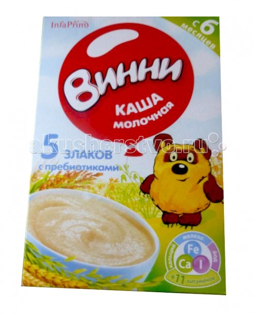Винни Молочная каша с пребиотиками 5 злаковМолочная каша с пребиотиками 5 злаков Винни Молочная каша с пребиотиками 5 злаковМолочная каша с пребиотиками 5 злаковКаша молочная с пребиотиками Винни 5 злаков Особенности: Обогащена пребиотиками для нормализации микрофлоры кишечника и улучшения процесса пищеварения; Обогащена сбалансированным комплексом витаминов и минеральных веществ (кальций, железо, йод) для оптимального роста и развития малыша; Расфасована в специальных условиях, обеспечивающих сохранность витаминов и минеральных веществ. Хорошо растворяется не образуя комков. Не содержит искуственных добавок, ароматизаторов. Не содержит ГМО, без соли. Не требует варки. Состав: мука (пшеничная, рисовая, овсяная, гречневая, ржаная), молоко цельное сухое, сахар, пребиотики (инулин), минеральные вещества (карбонат кальция, пирофосфат железа, йодистый калий), витамины (аскорбиновая кислота, никотинамид, токоферол ацетат, пантотенат кальция, рибофлавин, пиридоксин гидрохлорид, тиамин мононитрат, ретинол ацетат, фолиевая кислота, d-биотин, цианокобаламин)<br>