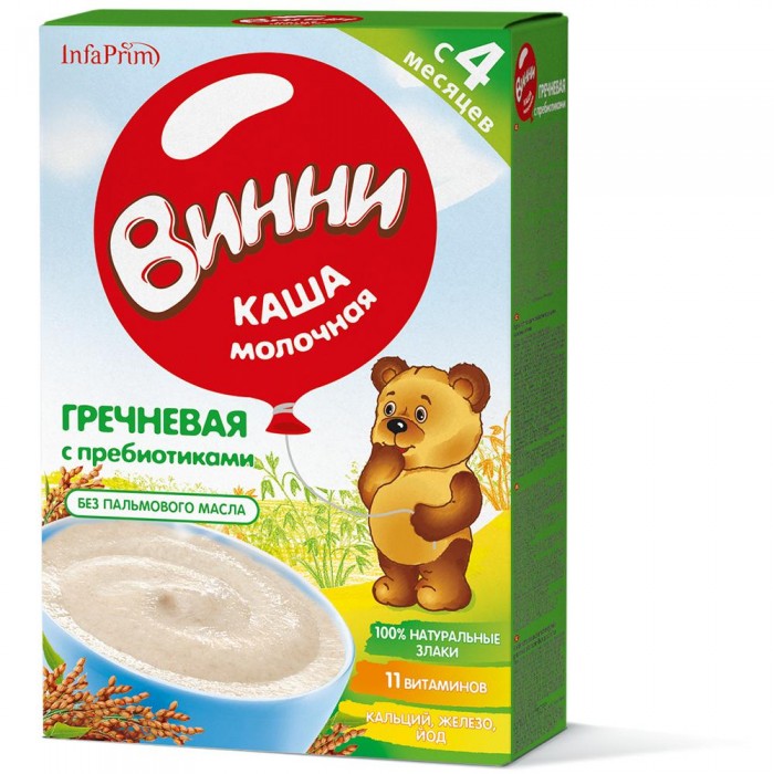 Винни Молочная Гречневая каша с пребиотикамиМолочная Гречневая каша с пребиотиками Винни Молочная Гречневая каша с пребиотикамиМолочная Гречневая каша с пребиотикамиКаша молочная с пребиотиками Винни Гречневая Особенности: Обогащена пребиотиками для нормализации микрофлоры кишечника и улучшения процесса пищеварения; Обогащена сбалансированным комплексом витаминов и минеральных веществ (кальций, железо, йод) для оптимального роста и развития малыша; Расфасована в специальных условиях, обеспечивающих сохранность витаминов и минеральных веществ. Хорошо растворяется не образуя комков. Не содержит искуственных добавок, ароматизаторов. Не содержит ГМО, без соли. Не требует варки. Состав: мука гречневая, молоко цельное сухое, сахар, пребиотики (инулин), минеральные вещества (карбонат кальция, пирофосфат железа, йодистый калий), витамины (аскорбиновая кислота, никотинамид, токоферол ацетат, пантотенат кальция, рибофлавин, пиридоксин гидрохлорид, тиамин мононитрат, ретинол ацетат, фолиевая кислота, d-биотин, цианокобаламин)<br>