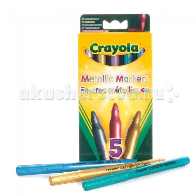 Фломастеры Crayola Маркеры металлики 5 шт.Маркеры металлики 5 шт. Фломастеры Crayola Маркеры металлики 5 шт.Маркеры металлики 5 шт.Crayola Маркеры 5 штук металлики - эти маркеры имеют необычный металлический эффект. В наборе от Crayola вы найдете 5 фломастеров – зеленый, голубой, фиолетовый, серебряный и бронзовый, с помощью которых можно создать переливающиеся изображения. Благодаря заполнению чернилами всего объема корпуса маркера, Crayola создает максимально долговечные принадлежности, которых хватит на сотни рисунков. Кроме того, эти маркеры имеют специальные наконечники, не вдавливающиеся, даже если ребенок будет чрезмерно нажимать при рисовании или попробует постучать маркером об стол. Размер одного маркера: 14,5 см. Диаметр маркера: 1,2 см. Набор подходит для детей старше 3 лет.<br>