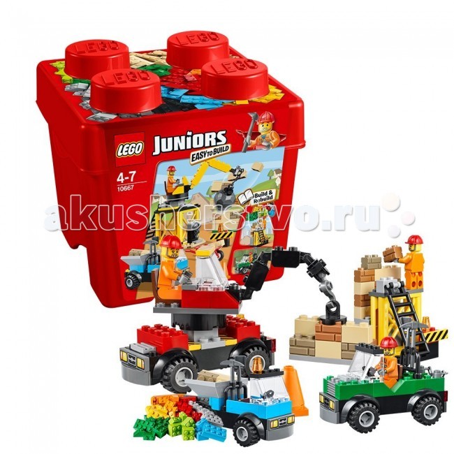 Конструктор Lego Juniors 10667 Лего Джуниорс СтроительствоJuniors 10667 Лего Джуниорс Строительство Конструктор Lego Juniors 10667 Лего Джуниорс СтроительствоJuniors 10667 Лего Джуниорс СтроительствоКонструктор Lego Juniors 10667 Лего Джуниорс Строительство Отличный конструктор из серии 4+ Juniors Джуниорс от LEGO из 160 деталей. Собери строительный кран с тяжелым грузом для разрушения старых построек или крюком для перемещения строительных материалов и две машины для перемещения по стройке строительного инвентаря и самих строителей. Используя яркую пошаговую инструкцию, можно создать массу элементов строительной тематики. В наборе Вы найдёте множество разноцветных элементов разной формы и размера, заградительные блоки с сигнальными огнями, колёса, ветровые стекла и фары, рычаги управления, лестницу, тележку, лопату, кирку и сепаратор для разделения деталей. В наборе Вы найдёте 1 минифигурку строителя. Простой в сборке конструктор для развития навыков конструирования. Соберите из множества деталей настоящую строительную площадку с подъемным краном, строительными материалами, инвентарем и техникой.<br>