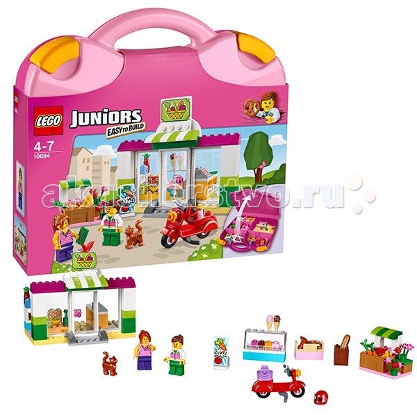 Конструктор Lego Juniors 10684 Лего Джуниорс Чемоданчик СупермаркетJuniors 10684 Лего Джуниорс Чемоданчик Супермаркет Конструктор Lego Juniors 10684 Лего Джуниорс Чемоданчик СупермаркетJuniors 10684 Лего Джуниорс Чемоданчик СупермаркетКонструктор Lego Juniors 10684 Лего Джуниорс Чемоданчик Супермаркет Мобильный и компактный чемоданчик LEGO® Juniors Супермаркет всегда с тобой! Построй супермаркет и ярко-красный скутер, с помощью которого можно развезти заказы. Выбери вкусное мороженое, положи продукты в корзину и погладь дружелюбного кота. Этот набор для начинающих очень прост в сборке. Понятные инструкции позволяют детям быстро получить результат и приступить к игре. В набор входят 2 минифигурки: продавец-консультант и покупатель. В комплекте 3 минифигурки с аксессуарами: - продавец-консультант - покупатель - кот. Количество деталей: 150 шт.<br>