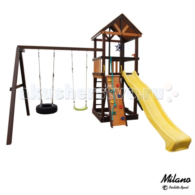 Perfetto Sport Игровой комплекс Milano (качели шина)Игровой комплекс Milano (качели шина) Perfetto Sport Игровой комплекс Milano (качели шина)Игровой комплекс Milano (качели шина)Если вы хотите быть спокойны за своих деток, уделяете внимание их физическому развитию, то приобретая им на радость детский спортивный комплекс для улицы и дачи, вы тем самым делаете инвестиции в их здоровье. Установленный в вашем дворе или на даче детский спортивный комплекс, сочетающий в себе элементы игры и спорта, станет излюбленным местом для весёлых игр и соревнований детворы. Играя в своё удовольствие на свежем воздухе, дети развиваются физически. Такой комплекс развлечет Ваших детей и позволит всегда оставаться в отличной спортивной форме. Крепление: устанавливается на ровную поверхность Высота комплекса: 3.40 м Занимаемая площадь: 4.50 х 4.20 м Скат горки: 2.90 м Высота горки: 1.45 м Допустимая нагрузка: 250 кг Материал: многослойный брус хвойных пород, покрытие Aquaris ЛКМ Renner производство Италия Комплектация дачного комплекса: Игровая веранда, крыша деревянная, лестница, песочница, канатный лаз, скалодром, скат, поручни металлические, ручка пластиковая - 2 шт, качели шина, качели пластиковые, канат, штурвал, бинокль Спортивные комплексы Perfetto Sport имеют ряд преимуществ: для производства комплексов используется долговечная, прочная древесина северных пород кромка древесных блоков закруглена по четырем граням, это придает уличным комплексам безопасность, используется запатентованная технология стружки в профиль используется запатентованная система финишной обработки AQUARIS ЛКМ RENNER, Италия. Детские спортивные комплексы долговечны, выносят любые погодные условия, мороз до -50С, защищены от УФ, не покрываются грибком игровые спортивные площадки для улицы Perfetto Sport просты в сборке. Вся необходимая фурнитура и крепеж идут в комплекте. Собирается как конструктор, все детали подготовлены к сборке<br>