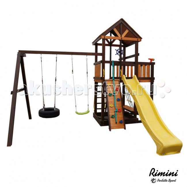 Perfetto Sport Игровой комплекс Rimini (качели шина)Игровой комплекс Rimini (качели шина) Perfetto Sport Игровой комплекс Rimini (качели шина)Игровой комплекс Rimini (качели шина)Если вы хотите быть спокойны за своих деток, уделяете внимание их физическому развитию, то приобретая им на радость детский спортивный комплекс для улицы и дачи, вы тем самым делаете инвестиции в их здоровье. Установленный в вашем дворе или на даче детский спортивный комплекс, сочетающий в себе элементы игры и спорта, станет излюбленным местом для весёлых игр и соревнований детворы. Играя в своё удовольствие на свежем воздухе, дети развиваются физически. Такой комплекс развлечет Ваших детей и позволит всегда оставаться в отличной спортивной форме. Крепление: устанавливается на ровную поверхность Высота комплекса: 3.40 м Занимаемая площадь: 4.37 х 4.20 м Скат горки: 2.90 м Высота горки: 1.45 м Допустимая нагрузка: 250 кг Материал: многослойный брус хвойных пород, покрытие Aquaris ЛКМ Renner производство Италия Комплектация дачного комплекса: Игровая веранда, крыша деревянная, лестница, песочница, скалодром, скат, поручни металлические, ручка пластиковая - 2 шт, качели шина, качели пластиковые, канат, штурвал, телескоп Спортивные комплексы Perfetto Sport имеют ряд преимуществ: для производства комплексов используется долговечная, прочная древесина северных пород кромка древесных блоков закруглена по четырем граням, это придает уличным комплексам безопасность, используется запатентованная технология стружки в профиль используется запатентованная система финишной обработки AQUARIS ЛКМ RENNER, Италия. Детские спортивные комплексы долговечны, выносят любые погодные условия, мороз до -50С, защищены от УФ, не покрываются грибком игровые спортивные площадки для улицы Perfetto Sport просты в сборке. Вся необходимая фурнитура и крепеж идут в комплекте. Собирается как конструктор, все детали подготовлены к сборке<br>