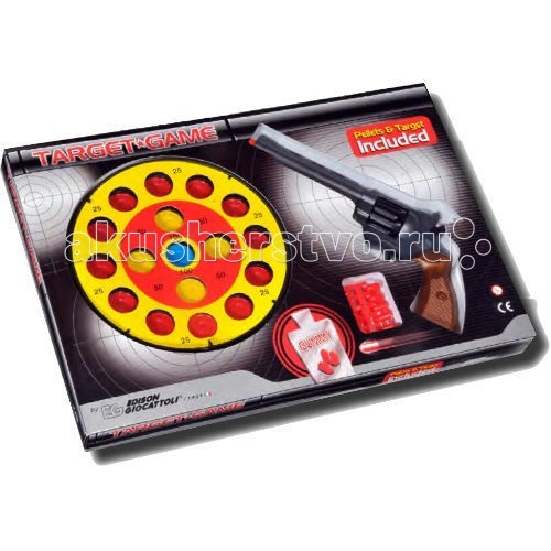 Edison Игрушечный Набор оружия с пистолетом, мишенью и пульками Champions-Line Target GameИгрушечный Набор оружия с пистолетом, мишенью и пульками Champions-Line Target Game Edison Игрушечный Набор оружия с пистолетом, мишенью и пульками Champions-Line Target GameИгрушечный Набор оружия с пистолетом, мишенью и пульками Champions-Line Target GameEdison Набор оружия с пистолетом, мишенью и пульками Champions-Line Target Game - отличный набор 8-зарядного пистолета с мишенью понравится активным мальчишкам, любящим игры на ловкость и меткость. В наборе уже есть пульки, поэтому сразу после распаковки игрушки можно устроить соревнования на меткость. Target Game из серии Champions-Line — отличный пистолет с пульками для маленьких чемпионов! Edison Giocattoli - итальянская компания, выпускающая качественные и долговечные игрушки. Продукция компании соответствует всем нормам безопасности и качества. Ознакомьтесь с инструкцией для игрушки и соблюдайте меры безопасности при ее использовании. Ёмкость магазина: 8 пулек В комплекте: пистолет, мишень, пульки. Длина пистолета: 28 см<br>