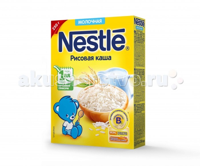 Nestle Молочная Рисовая каша с 4 мес. 250 гМолочная Рисовая каша с 4 мес. 250 г Nestle Молочная Рисовая каша с 4 мес. 250 гМолочная Рисовая каша с 4 мес. 250 гNestle Каша молочная Рисовая идеальна для начала введения прикорма. Рис не содержит глютен (белок злаковых), который у некоторых малышей может вызвать аллергию. Особенности: Каша содержит бифидобактерии, обогащена 10 витаминами и 7 минералами, в том числе цинком, йодом, витаминами А, В, С и D. Бифидобактерии BL - живые бифидобактерии, подобные тем, которые содержатся в кишечнике детей, получающих исключительно грудное вскармливание. Клинически доказано, что они способствуют подддержанию здоровой микрофлоры кишечника и при регулярном употреблении укрепляют иммунитет малыша. Йод необходим для нормального функционирования щитовидной железы и правильного развития мозга. Витамины группы В положительно влияют на работу центральной нервной системы, играют важную роль в регуляции всех видов обмена веществ, поддерживают здоровье кожи. Цинк, витамины А и С - ключевые микронутриенты, которые необходимы для правильной работы имунной системы и развития мозга. Витамин D и кальций необходимы для профилактики рахита, здорового роста костей и зубов. Состав: рисовая мука, мальтодекстрин, витамины и минеральные вещества, бифидобактерии не менее 1х10⁶ КОЕ/г. Продукт может содержать следы глютена и молока, в том числе лактозу, так как продукты содержащие и не содержащие глютен и молоко, в том числе лактозу, производятся на одном промышленном оборудовании. Содержит 9 витаминов и 7 минеральных веществ. Идеальной пищей для грудного ребенка является молоко матери. Всемирная организация здравоохранения рекомендует исключительно грудное вскармливание в первые шесть месяцев и последующее введение прикорма при продолжении грудного вскармливания. Компания Нестле поддерживает данную рекомендацию. Для принятия решения о сроках и способе введения данного продукта в рацион ребенка необходима консультация специалиста. Возрастные ограничения указаны на упаковке товаров в соответствии с законодательством РФ.<br>