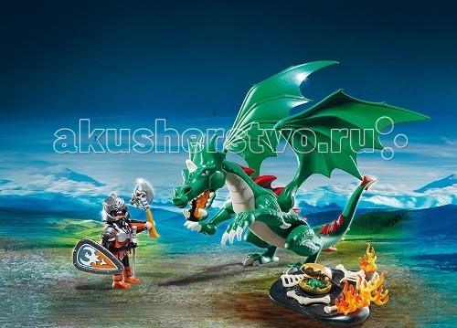 Конструктор Playmobil Рыцари: Великий ДраконРыцари: Великий Дракон Конструктор Playmobil Рыцари: Великий ДраконРыцари: Великий ДраконРыцари: Великий Дракон Сказочный набор для настоящих битв Рыцари: Великий Дракон не позволят ребенку скучать, ведь с ними можно придумать столько интересных игр. О сражениях рыцарей и драконов ходят легенды. Только самые отважные рыцари могли победить страшного огнедышащего ящера. У зеленого дракона свирепый вид, его голова и челюсть с огромными зубами движется, крылья могут поворачиваться в разные стороны. Поместив игровые наборы Playmobil в замок Льва, можно поручить дракону охранять несметные сокровища. Он своим длинным хвостом будет вращать по кругу, не подпуская к себе рыцаря. В огненном гнезде находится маленький дракончик, и к нему нельзя попасть, иначе он съест нарушителя тишины. Большой зеленый дракон может становиться на задние лапы, на спине есть крепление, позволяющее скатываться по спине игрушечному воину. Подошвы лап у змееголового также двигаются. Конструкторы можно переставлять местами и создавать игровую сцену. Рыцарь стоит в полной экипировке, у него большой щит каплевидной формы и топор, на его голове надет шлем. В игровой набор Playmobil входят большой зеленый дракон, малыш-дракончик в огненном гнезде и рыцарь с доспехами. Ребенок может сыграть одну из сцен известного фильма или сказки. Он может отправиться на поиски сокровищ и попробовать победить дракона, который их охраняет. Игрушка учит ребенка быть смелым и отважным, не бояться трудностей. Продукция сертифицирована, экологически безопасна для ребенка, использованные красители не токсичны и гипоаллергенны.<br>