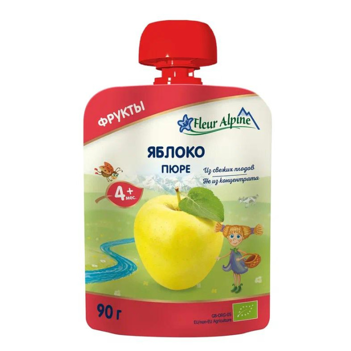 Fleur Alpine Пюре Органик яблоко с 4 мес. 90 г (пауч)Пюре Органик яблоко с 4 мес. 90 г (пауч) Fleur Alpine Пюре Органик яблоко с 4 мес. 90 г (пауч)Пюре Органик яблоко с 4 мес. 90 г (пауч)Детское пюре в мягкой упаковке «Яблоко» для детей с 4 месяцев. Детское пюре Fleur Alpine ORGANIC Яблоко приготовлено из гипоаллергенных сортов яблок. Яблочное пюре рекомендуется вводить в рацион малыша как один из первых продуктов прикорма. Яблоки богаты природными сахарами, органическими кислотами, витаминами и микроэлементами. Железо в сочетании с витамином С хорошо всасывается в кишечнике, способствуя профилактике анемии. Пектины и органические кислоты мягко стимулируют деятельность кишечника. Калий и магний укрепляют сердечно-сосудистую систему. Состав: пюре из яблок* - *органическое сельское хозяйство Особенности продукции: Без сахара Без крахмала Способ приготовления: Продукт готов к употреблению. Преимущества детского пюре в мягкой упаковке Fleur Alpine ORGANIC: Содержат только природные витамины и минералы, которые сохраняются благодаря минимальному применению тепла и давления в процессе органического производства Без добавления сахара, соли, крахмала, муки, витаминов, воды Без ГМО, ароматизаторов, красителей и консервантов Все виды пюре соответствуют российским традициям вкуса, так как производятся из наиболее популярных в России фруктов, ягод и овощей Имеют восхитительный вкус и аромат фруктов и овощей из хозяйств ORGANIC<br>