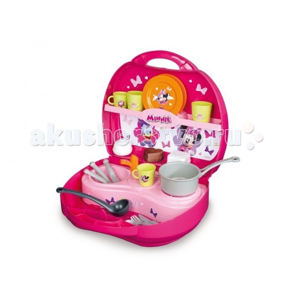 Smoby Мини кухня в чемоданчике МинниМини кухня в чемоданчике Минни Smoby Мини кухня в чемоданчике МинниМини кухня в чемоданчике МинниМини кухня в чемоданчике Smoby Minnie Mouse – прекрасная кухня в сладком розовом цвете для готовки разных блюд для кукол и мягких любимых игрушек. Мини-кухня помещается в чемоданчике с ручкой. На кухне имеются одноконфорочная плита, раковина с краном, сушилка для посуды, а также две полки для продуктов и посуды. В наборе: кастрюля половник 3 пирожных 2 тарелки 2 чашки 2 стаканчика 2 вилки 2 ножа 2 ложки<br>