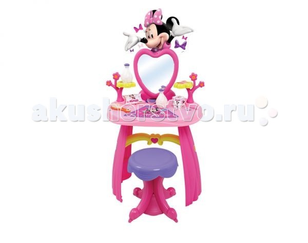 Smoby Туалетный столик MinnieТуалетный столик Minnie Smoby Туалетный столик MinnieТуалетный столик MinnieТуалетный столик Smoby Minnie - отличное место для наведения марафета маленькой модницы. Она с удовольствием будет раскладывать на нём все необходимые для красоты аксессуары, смотреться в зеркало. Такой процесс будет приучать Вашу малышку к аккуратности и порядку. Туалетный столик выполнен в розовом цвете, в стиле Minnie. Теперь маленькая модница имеет всё самое необходимое, чтобы ухаживать за собой. Особенности: Туалетный столик обустроен высочайшей стойкой, зеркалом (можно наклонять), комфортным табуретом и обилием отсеков для украшений. В набор заходит:2 ободка, 3 кольца, 1 браслет, гребешок и 2 флакона для духов. Столик можно снять со стойки и использовать раздельно. Столик украшен прекрасной мышкой Minnie.<br>