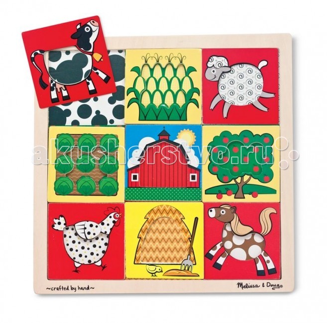 Melissa & Doug Мои первые пазлы ФермаМои первые пазлы Ферма Melissa & Doug Мои первые пазлы ФермаМои первые пазлы ФермаMelissa & Doug Мои первые пазлы Ферма - яркий, красивый пазл со звуковыми эффектами. На деревянной доске расположены симпатичные обитатели фермы: овечка, лошадь, утка, корова, собака, котенок, свинья и петух. В центре каждой картинки есть пластиковая ручка, за которую элемент пазла удобно держать и вставлять в подходящее для него место. Когда малыш правильно вставляет животное, раздается реалистичный звук его голоса! Собирая пазл, ребенок развивает мелкую моторику и логическое мышление, знакомится с разными видами животных и их голосами. Батарейки: 2 тип ААА (в набор не входят)<br>