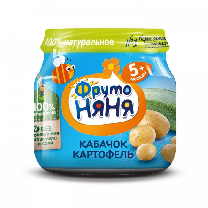 ФрутоНяня Пюре Кабачок и картофель с 5 мес. 80 гПюре Кабачок и картофель с 5 мес. 80 г ФрутоНяня Пюре Кабачок и картофель с 5 мес. 80 гПюре Кабачок и картофель с 5 мес. 80 гФрутоНяня Пюре Кабачок и картофель предназначена для малышей с 4 месяцев. Кабачки богаты минеральными солями и витамином С, оказывают положительное влияние на перистальтику кишечника. Картофель содержит множетсво витаминов, микро- и макроэлементов, незаменимых кислот. По своим биологическим свойствам белки картофеля превосходят белки других овощей, а содержащийся в нем калий нормализует в организме водный баланс и поддерживает работу сердечно-сосудистой системы. Кабачок и картофель в своем сочетании обеспечат полезное и вкусное овощное лакомство для вашего грудничка! Особенности: без искусственных добавок, красителей и консервантов; гомогенизированное; стерилизованное; Энергетическая ценность на 100г.: 16 ккал. Состав: кабачки, картофель, вода специально подготовленная.<br>