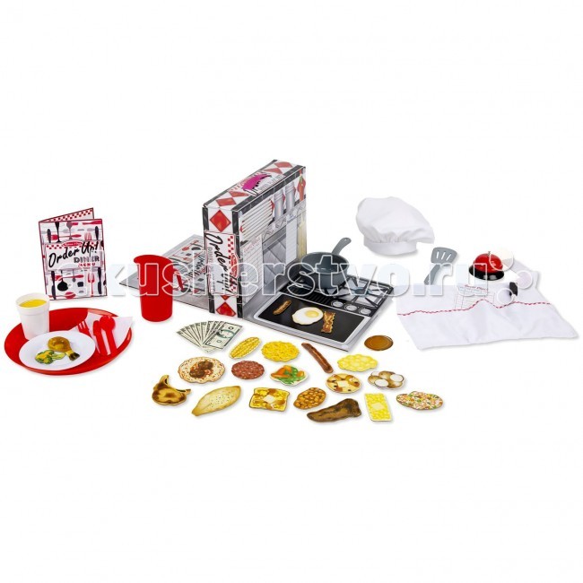 Melissa & Doug Набор Сделай заказНабор Сделай заказ Melissa & Doug Набор Сделай заказНабор Сделай заказИгровой набор включает в себя все, что нужно маленькому повару, чтобы приготовить заказ для гостей ресторана. В набор входит меню (на английском языке), звонок, поднос, игровые деньги, поварской колпак, более 20 деревянных предметов, изображающих еду. Игрушка изготовлена из экологически чистых, натуральных, безопасных для ребенка материалов. Melissa & Doug - ведущий мировой производитель игрушек из натуральных материалов, прежде всего из дерева. Вся производимая продукция отличается надежностью, экологичностью и безопасностью для ребенка. Игрушки данной торговой марки предназначены не только для развлечения детей, а в первую очередь ориентированы на раннее развитие и обучение.<br>