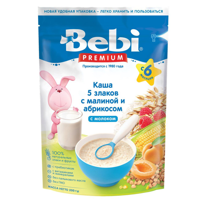 Bebi Молочная каша 5 злаков с абрикосом и малиной с 6 мес. 200 гМолочная каша 5 злаков с абрикосом и малиной с 6 мес. 200 г Bebi Молочная каша 5 злаков с абрикосом и малиной с 6 мес. 200 гМолочная каша 5 злаков с абрикосом и малиной с 6 мес. 200 гBebi Молочная каша Premium 5 злаков с абрикосом и малиной – полезное сочетание пшеничной, кукурузной, овсяной, ячменной и ржаной круп на основе молока является вкусным дополнением в меню ребенка после 6 месяцев. Особенности: Состав продукта позволяет разнообразить рацион малыша новым интересным блюдом и познакомить его с новыми вкусами. Наряду с традиционными в составе продукта используются ячменная и ржаная крупы – полезные новинки в питании малыша. Фруктовый компонент каши представлен сочетанием абрикоса и малины. Наличие пребиотика Beneo (олигофруктоза, обогащенная инулином) делает продукт еще и максимально полезным, Пребиотики способствуют улучшению здоровья ребенка, за счет избирательной стимуляции лакто- и бифидобактерий - важных представителей полезной микрофлоры кишечника. Обогащена витаминами и минералами. Состав: Цельное сухое молоко 35%, пшеничная крупа 29%, кукурузная мука 10%, 5 злаков 8% (цельнозерновая пшеничная мука, цельнозерновая овсяная мука, цельнозерновая ячменная мука, цельнозерновая ржаная мука, кукурузная мука), мякоть абрикоса 5% (сахар, мякоть абрикоса 40%, натуральный ароматизатор, загуститель камедь рожкового дерева), сахар, мякоть малины 3% (сахар, мякоть малины 37%, загуститель (модифицированный крахмал, пектин), натуральный ароматизатор), пищевые волокна Beneo Prebiotic (3,3%) (олигофруктоза, инулин), витамины (Ретинил ацетат, D3 холекальциферол, DL – альфа токоферол ацетат, Тиамин гидрохлорид, Рибофлавин, Пиридоксин гидрохлорид, L -аскорбиновая кислота, D-пантотенат кальция, Фолиевая кислота, Никотинамид, Фитоменадион, Цианокобаламин, D-биотин) и минеральные веществ (Железа дифосфат, Калия йодид, Цинка сульфат, Кальция карбонат).<br>