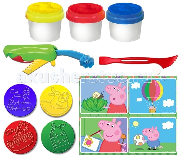 Peppa Pig Набор для лепки Играем с ПеппойНабор для лепки Играем с Пеппой Peppa Pig Набор для лепки Играем с ПеппойНабор для лепки Играем с ПеппойPeppa Pig Набор для лепки Играем с Пеппой. Набор Играем с Пеппой создан специально для детских пальчиков: масса для лепки содержит натуральный состав, поэтому безопасна для кожи малыша. Она мягкая, пластичная, не прилипает к рукам, поэтому лепить из нее – одно удовольствие. Формочками создавайте вместе с малышом его любимых героев, разрезайте пластилин фигурным ножом, играйте на специальном игровом поле, наклеивая пластилин на детали рисунков. А инструкция по лепке поможет крохе научиться смешивать цвета и создавать забавные фигурки. С таким замечательным набором легко и интересно лепить, развивая при этом у крохи мелкую моторику, гибкость пальчиков, воображение, цветовое и тактильное восприятие и многое другое. Масса для лепки создана на растительной основе. Товар сертифицирован. Срок годности 3 года. Упаковка – коробка. В наборе: 3 цвета массы для лепки в баночках по 25 г с крышками в виде формочек героев мультфильма раскладной нож – 3 функции 4 формочки-штампика игровое поле стека.<br>