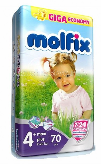 Molfix Подгузники Макси Плюс 4+ (9-16 кг) 70 шт.Подгузники Макси Плюс 4+ (9-16 кг) 70 шт. Molfix Подгузники Макси Плюс 4+ (9-16 кг) 70 шт.Подгузники Макси Плюс 4+ (9-16 кг) 70 шт.Подгузники Макси Плюс Molfix 4+ (9-16 кг) 70 шт. Не для кого ни секрет, что каждая мама хочет обеспечить защиту и комфорт для своего малыша. Новые премиальные подгузники Molfix отвечают самым высоким стандартам качества категории и соответствуют ожиданиям даже самых взыскательных мам: они отлично впитывают, тонкие и эластичные, обеспечивают малышам надежную защиту, комфорт и хорошее настроение. Подгузники Molfix дерматологически протестированы и одобрены независимым исследовательским институтом Dermatest GmbH (Германия). Особенности: • Специальный ультра впитывающий слой обеспечивает быстрое впитывание; • Тонкая анатомическая структура для комфорта малыша; • Ультра эластичные боковинки обеспечивают свободу движений; • «Дышащий» внешний слой и ультра мягкий внутренний слой для заботы о коже малыша; • Защитные барьерчики обеспечивают защиту от протеканий. В каждой упаковке подгузников Molfix веселые и красочные дизайны на подгузниках! Внимание! В зависимости от поставки может меняться весовая группа подгузников: либо 9-16 кг, либо 9-20 кг!<br>