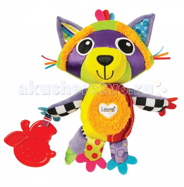 Развивающая игрушка Lamaze Енот РайлиЕнот Райли Развивающая игрушка Lamaze Енот РайлиЕнот РайлиИгрушка Енот с хвостом из разных тканей с пищалкой внутри, лапки и ушки шуршат. У игрушки множество разноцветных деталей из мягких материалов различной фактуры, что способствует развитию тактильного и цветового восприятия, тренирует мелкую моторику ребенка. В лапке держит яблоко-прорезыватель. Енот Райли легко крепится к детской кроватке, коляске или автокреслу.<br>