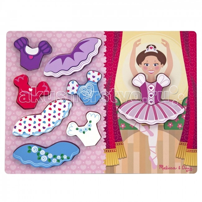 Деревянная игрушка Melissa & Doug Переодень БалеринуПереодень Балерину Деревянная игрушка Melissa & Doug Переодень БалеринуПереодень БалеринуДеревянный пазл «Переодень Балерину» - это рамка вкладыш которая представляет собой игровое поле с балериной, одежда которой легко может быть заменена на другую благодаря взаимозаменяемыми элементами (одежкой). А представленный гардероб позволят комбинировать наряды. Игрушка изготовлена из экологически чистых, натуральных, безопасных для ребенка материалов. Melissa & Doug - ведущий мировой производитель игрушек из натуральных материалов, прежде всего из дерева. Вся производимая продукция отличается надежностью, экологичностью и безопасностью для ребенка. Игрушки данной торговой марки предназначены не только для развлечения детей, а в первую очередь ориентированы на раннее развитие и обучение.<br>