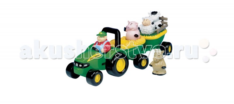 Tomy John Deere Веселый трактор с животнымиJohn Deere Веселый трактор с животными Tomy John Deere Веселый трактор с животнымиJohn Deere Веселый трактор с животнымиTomy John Deere Веселый трактор с животными. Забавный трактор с фигурками животных. Внутри тележки изображены картинки животных, которые помогут малышу выбрать правильное место для каждого животного. Если слегка нажать на фигурку в тележке, то раздаются соответствующие звуки ( лошадки, свинки, овцы и коровы). На тракторе изображена картинка фермера и если посадить фигурку и слегка нажать, то зазвучит мелодия песенки У старого МакДональда была ферма. Любую фигурку можно поставить на любое место устроив забавную игру. Игрушка познакомит малыша со звуками домашних животных и подарит большое кол-во веселья. Коробка с демо режимом (можно нажать на платформу и услышать звуки ж-х). Батарейки AA 3 шт. (в комплекте).<br>