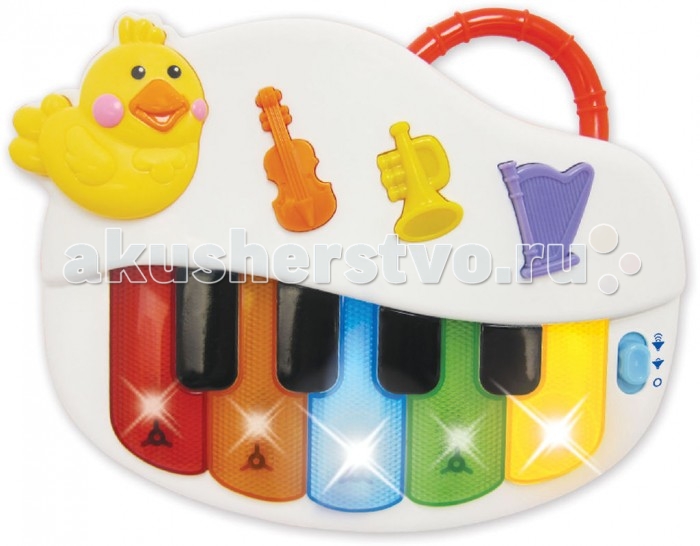 Музыкальная игрушка Kiddieland ПианиноПианино Музыкальная игрушка Kiddieland ПианиноПианиноРазвивающая музыкальная игрушка «Пианино» Kiddieland 051383. Маленьким музыкантам придется по вкусу это яркое и веселое пианино! Оно оснащено 5 разноцветными и 4 черными клавишами. А еще на панели пианино имеются 3 кнопочки, нажав на которые, можно переключаться между режимами музыкальных инструментов. Во время игры на клавишах мигают лампочки. Чтобы маленькой детской руке было удобно держать пианино, на него установлена ручка. Эта замечательная игрушка поможет ребенку в развитии логики, музыкального слуха и творческого мышления. Требуются 2 батарейки стандарта LR6 АА 1.5V (входят в комплект). Размер игрушки: 24 х 4 х 19 см.<br>