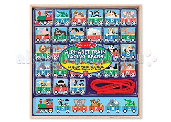 Деревянная игрушка Melissa & Doug Первые навыки Алфавит Поезд шнуровка БусыПервые навыки Алфавит Поезд шнуровка Бусы Деревянная игрушка Melissa & Doug Первые навыки Алфавит Поезд шнуровка БусыПервые навыки Алфавит Поезд шнуровка БусыДеревянная игрушка Melissa & Doug Первые навыки Алфавит Поезд шнуровка Бусы. С этой чудесной игрушкой-шнуровкой малыш сможет начать знакомиться с различными животными и английским алфавитом. В набор входит: деревянный лоток для хранения, 27 вагончиков и шнурок. Буква на каждом вагончике соответствует букве, с которого начинается название животного, изображенного на вагончике, на английском языке. Игрушка сделана из дерева, окрашена нетоксичными, абсолютно безопасными для детей красками.<br>