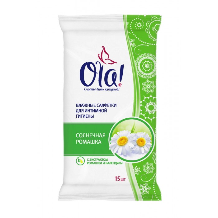 Ola! Влажные салфетки для интимной гигиены Солнечная ромашка 15 шт.Влажные салфетки для интимной гигиены Солнечная ромашка 15 шт. Ola! Влажные салфетки для интимной гигиены Солнечная ромашка 15 шт.Влажные салфетки для интимной гигиены Солнечная ромашка 15 шт.Ola! Влажные салфетки для интимной гигиены Солнечная ромашка подходят для чувствительной кожи. Мягкие салфетки бережно очищают и дезодорируют, препятствуют появлению раздражения. Содержат специальный комплекс травяных экстрактов: ромашки, календулы, цветков василька и липы. Особенности: содержат натуральные экстракты полезных растений изготовлены из мягкого, нежного для кожи материала Spunlace (спанлейс), который хорошо очищает кожу при использовании не оставляют волокон на коже, т.к. материал произведен по технологии Hydro Jet не содержат спирт поддерживают естественный уровень pH, не вызывают сухости кожи при использовании упаковка с герметичным клапаном для обеспечения гигиеничности продукции фасовка осуществляется без применения ручного труда салфетки не высыхают и не теряют запаха размер салфетки 14*20 см.<br>