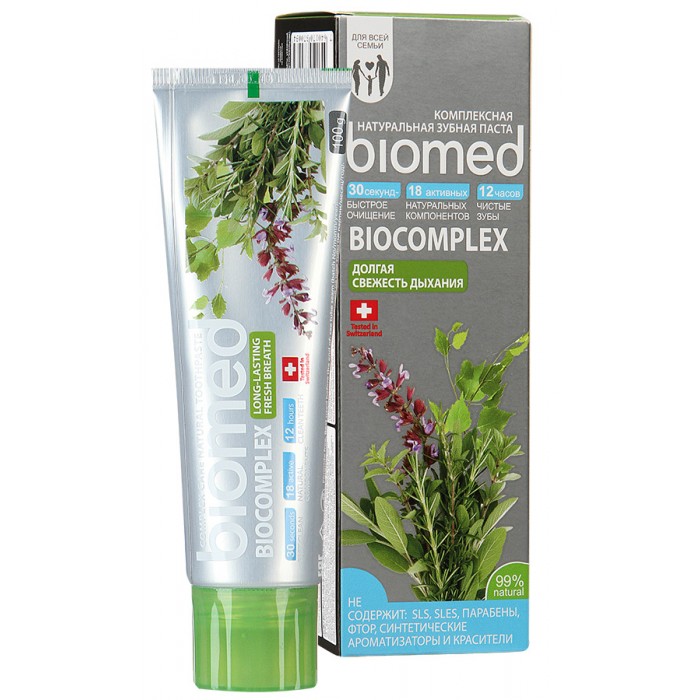Biomed Зубная паста Biocomplex 100 млЗубная паста Biocomplex 100 мл Biomed Зубная паста Biocomplex 100 млЗубная паста Biocomplex 100 млBiomed Зубная паста Biocomplex Особенности: Отличительной чертой этой серии паст является быстрое очищение зубной эмали - всего за тридцать секунд! Этот результат достигается благодаря запатентованной рецептуре. Зубная паста Biomed Biocomplex производится в России, на современном предприятии, укомплектованным европейским оборудованием. Паста Biomed Биокомплекс содержит 18 активных натуральных компонентов, позволяющих сохранить свежесть дыхания на протяжении 12 часов.<br>