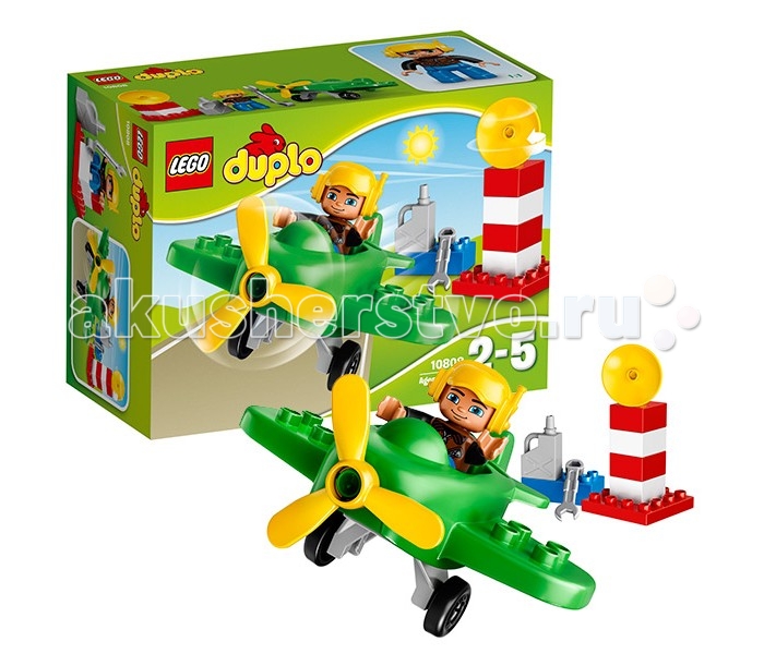 Конструктор Lego Duplo 10808 Лего Дупло Маленький самолётDuplo 10808 Лего Дупло Маленький самолёт Конструктор Lego Duplo 10808 Лего Дупло Маленький самолётDuplo 10808 Лего Дупло Маленький самолётКонструктор Lego Duplo 10808 Лего Дупло Маленький самолёт Модель самолёта из набора Лего 10808 выполнена с высокой степенью детализации. Монолитный обтекаемый фюзеляж выкрашен в ярко-зелёный цвет. Спереди виден контрастный жёлтый пропеллер, способный реалистично вращаться. Под днищем установлено колёсное шасси, предназначенное для взлёта и посадки. Кабина открыта, что позволяет легко и быстро поместить фигурку пилота внутрь. Крылья и хвост, не имеющие острых углов и выступов, делают игру с самолётом безопасной даже для двухлетних малышей. Также в наборе предусмотрены элементы и аксессуары для создания мини аэропорта, состоящего из радарной вышки с антенной и заправочной станции с пьедесталом, канистрой с горючим и инструментами для ремонта. Размер самолёта – 10х14х15 см. Количество деталей: 13 шт.<br>