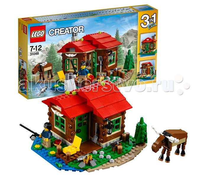 Конструктор Lego Creator 31048 Лего Криэйтор Домик на берегу озераCreator 31048 Лего Криэйтор Домик на берегу озера Конструктор Lego Creator 31048 Лего Криэйтор Домик на берегу озераCreator 31048 Лего Криэйтор Домик на берегу озераКонструктор Lego Creator 31048 Лего Криэйтор Домик на берегу озера Уютный домик на берегу озера понравится всем любителям отдыха на природе. Его стены выполнены из тёмно-коричневых деталей, напоминающих бревенчатую кладку. Фундамент состоит из серых каменных блоков, а крыша покрыта ярко-красной черепицей. Рамы окон и входная дверь выкрашены в зелёный цвет, что идеально сочетается с газоном и деревьями во дворе. Перед домом обустроена небольшая территория для заготовки дров и приготовления еды на костре. К лесу ведёт плиточная дорожка, а к пруду – широкий помост, на котором можно рыбачить или загорать. Интерьер дома простой и лаконичный. Чтобы его рассмотреть более подробно, можно воспользоваться функцией трансформации и раздвинуть стены. Внутри Вы найдёте печь с дымоходом и плитой, кухонный уголок с полками для посуды, стол с письменными принадлежностями и кровать с голубым покрывалом. Обилие прозрачных окон позволяет наблюдать за лесными животными, которые иногда совсем близко подходят к дому. Размер дома в собранном виде составляет 10х16х16 см. При желании его можно переделать в обсерваторию или домик для путешественников. В наборе Лего 31048 присутствуют фигурки лягушки и рыбы, сборная фигурка лося с подвижными ногами, а также минифигурка путешественника с множеством аксессуаров: фонарь, ведро, топор, лопата, удочка, костёр, декоративные рога, кружка, ёмкости для хранения, сковорода, конверт, чернильница с перьями для письма, ёлочка и водные растения. Количество деталей: 368 шт.<br>