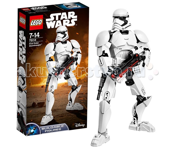 Конструктор Lego Star Wars 75114 Лего Звездные Войны Штурмовик Первого ОрденаStar Wars 75114 Лего Звездные Войны Штурмовик Первого Ордена Конструктор Lego Star Wars 75114 Лего Звездные Войны Штурмовик Первого ОрденаStar Wars 75114 Лего Звездные Войны Штурмовик Первого ОрденаКонструктор Lego Star Wars 75114 Лего Звездные Войны Штурмовик Первого Ордена Этот конструктор Lego Star Wars создан по фильму «Пробуждение Силы» и собирается из 81 детали. Штурмовики Первого Ордена – наследники уже знакомых нам Имперских штурмовиков. Их броня немного отличается - в частности, форма шлема стала более обтекаемой. Фигура штурмовика от Лего очень подвижна, имеет множество точек артикуляции. Вы можете придать ему любую боевую позицию! Оружие штурмовика – стандартная бластерная винтовка F-11D. В дуло вставляется красная ракетка, которая выстреливает при нажатии. На корпусе винтовки расположены крепления для дополнительного снаряда. К поясу штурмовика крепится специальная дубинка. Высота фигуры штурмовика в собранном виде составляет 23 см. Количество деталей: 81 шт.<br>