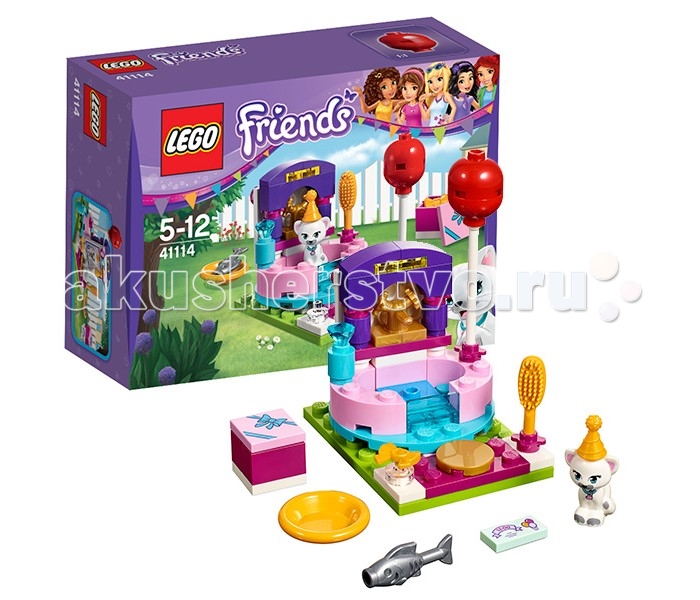 Конструктор Lego Friends 41114 Лего Подружки День рождения: салон красотыFriends 41114 Лего Подружки День рождения: салон красоты Конструктор Lego Friends 41114 Лего Подружки День рождения: салон красотыFriends 41114 Лего Подружки День рождения: салон красотыКонструктор Lego Friends 41114 Лего Подружки День рождения: салон красоты Собираясь на День рождения подружки, белая кошечка решила посетить салон красоты для питомцев. Это очень уютное место, в котором с огромной любовью и заботой относятся ко всем животным. Центральное место в салоне занимает овальная ванна с розовыми бортиками, стеклянными вставками и золотым краном. Здесь можно не только искупаться, но и провести полноценный уход за шёрсткой, используя специальные шампуни. После мытья необходимо тщательно расчесать хвостик при помощи мягкой щётки, а также примерить несколько аксессуаров для волос. Получившийся результат лучше всего рассмотреть в соседнем зале, спрятанном за вращающейся стеной. Большое зеркало с разноцветными лампочками покажет все нюансы нового образа, и, если кошечке всё понравится, ей предложат немного отдохнуть и перекусить свежей рыбкой. Размер салона красоты в собранном виде составляет 5х6х4 см. В наборе Лего 41114 Вы найдёте фигурку кошечки Джунс и множество аксессуаров: шампунь, расчёска, украшение для волос, воздушный шар, подарочная коробка, праздничный колпачок, приглашение на День рождения, миска и рыба. Количество деталей: 54 шт.<br>