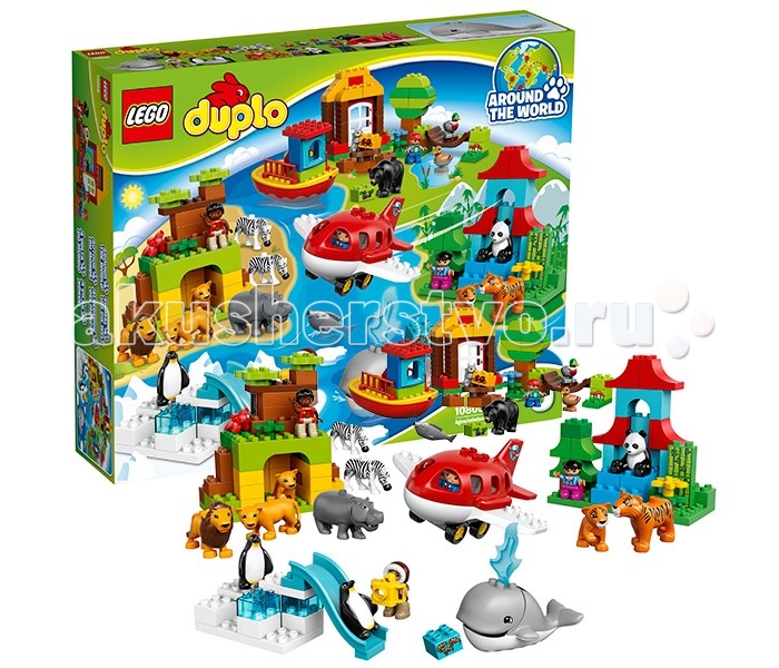 Конструктор Lego Duplo 10805 Лего Дупло Вокруг света: В мире животныхDuplo 10805 Лего Дупло Вокруг света: В мире животных Конструктор Lego Duplo 10805 Лего Дупло Вокруг света: В мире животныхDuplo 10805 Лего Дупло Вокруг света: В мире животныхКонструктор Lego Duplo 10805 Лего Дупло Вокруг света: В мире животных Большой набор Лего 10805 позволит Вам совершить кругосветное путешествие и познакомиться с климатом и фауной всех континентов. Для этого можно воспользоваться бело-красным самолётом или лодкой, напоминающей плавучий дом. Главное заручиться поддержкой опытного гида, который расскажет много интересных историй о животных и среде их обитания. Например, в Африке Вы увидите зебр, бегемотов и львов, живущих на бескрайних просторах саванны, а в Азии – хищных тигров и добродушных панд, прячущихся в зарослях бамбука. Путешествие к берегам Антарктиды также доставит массу впечатлений, потому что только здесь Вы сможете понаблюдать за весёлой игрой пингвинов или сфотографировать выныривающего из воды кита. Возвращаясь в родные широты, не забудьте посетить европейские заповедники, в которых встречаются не только проворные белки и шумные утки, но и цари леса – бурые медведи. В наборе Вы найдёте 5 фигурок путешественников и множество животных: лев, львица, львёнок, 2 зебры, бегемот, рыба, 2 пингвина, кит, тигрица, тигрёнок, панда, медведь, белка и уточка, а также познавательные кубики с картинками: креветки, орехи, грибы, ягоды и заросли бамбука. Размер самолёта в собранном виде составляет 11х18х19 см, размер лодки – 13х18х12 см. Количество деталей: 163 шт.<br>