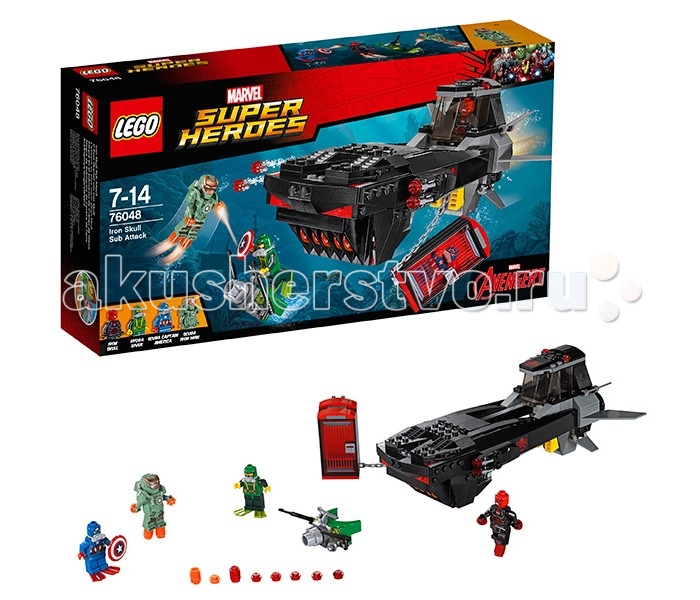 Конструктор Lego Super Heroes 76048 Лего Супер Герои Похищение Капитана АмерикаSuper Heroes 76048 Лего Супер Герои Похищение Капитана Америка Конструктор Lego Super Heroes 76048 Лего Супер Герои Похищение Капитана АмерикаSuper Heroes 76048 Лего Супер Герои Похищение Капитана АмерикаКонструктор Lego Super Heroes 76048 Лего Супер Герои Похищение Капитана Америка Капитан Америка был похищен приспешниками Гидры и посажен в специальную энергетическую ловушку, прикреплённую к подводной лодке Железного Черепа. Чтобы освободить супергероя из заточения, Железный человек поспешил в свою лабораторию и создал новую броню, способную выдерживать давление воды даже на максимальной глубине. Теперь он готов сразиться со злодеями и разрушить их боевую субмарину. Из деталей набора Лего 76048 Вы сможете построить подробную модель подводной лодки Железного Черепа. Её вытянутый корпус сделан из серо-чёрных деталей с добавлением ярко-красных элементов и наклеек с логотипом Гидры. Спереди виден массивный моторный отсек, по бокам которого закреплены спаренные орудия. Комплекты боеприпасов хранятся в специальных контейнерах с откидными крышками. Центральная часть субмарины представляет собой тюремный блок, состоящий из одной герметичной камеры. Она может фиксироваться внутри корпуса судна или свисать на прочной цепи. Кормовая часть подлодки напоминает капитанский мостик. Здесь есть небольшая кабина с поднимающимся лобовым стеклом, сигнальные огни, мощные двигатели и подвижные рулевые пластины, позволяющие маневрировать в толще воды. Размер подводной лодки в собранном виде составляет 9х23х12 см. В наборе присутствуют 4 минифигурки с оружием и аксессуарами: Капитан Америка, Железный человек, Железный Череп и глубоководный ныряльщик Гидры. Количество деталей: 335 шт.<br>
