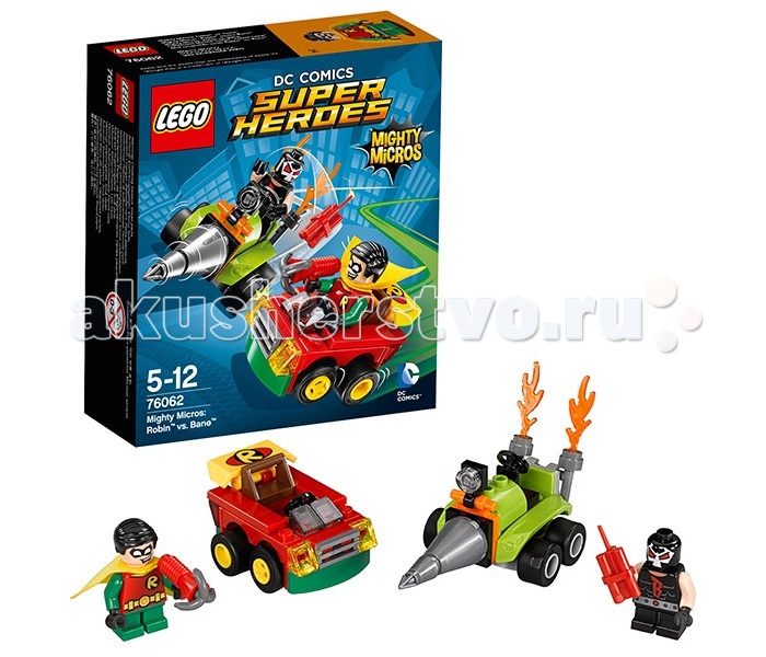 Конструктор Lego Super Heroes 76062 Лего Супер Герои Робин против БэйнаSuper Heroes 76062 Лего Супер Герои Робин против Бэйна Конструктор Lego Super Heroes 76062 Лего Супер Герои Робин против БэйнаSuper Heroes 76062 Лего Супер Герои Робин против БэйнаКонструктор Lego Super Heroes 76062 Лего Супер Герои Робин против Бэйна Используя свою мощную буровую установку, Бэйн решил проложить несколько подземных тоннелей под улицами города. Это позволит злодею незаметно проникнуть в клинику «Аркхэм» и выпустить всех её пациентов на волю. Разбежавшись по Готэму, они заставят Бэтмена потратить все свои силы на их поимку, в то время как Бэйн сможет сразиться с Робином и, возможно, взять его в плен. В наборе Лего 76062 Вы найдёте детали для создания микромоделей транспортных средств, принадлежащих героям вселенной DC Comics. Машина Бэйна выполнена из салатово-серых элементов. Спереди закреплён острый наконечник, играющий роль буровой установки. За ним располагается моторный отсек, прожектор и место водителя с рулевым управлением. В задней части корпуса видны выхлопные трубы с вырывающимися из них языками пламени. Скоростной автомобиль Робина отличается яркой цветовой гаммой, повторяющей оттенки костюма героя. К его функциональным особенностями можно отнести прямоугольный капот, оборудованный радиаторной решёткой, противотуманными фарами и бампером, а также задний спойлер, украшенный узнаваемым логотипом Робина. В наборе присутствуют 2 минифигурки с аксессуарами: Робин и Бэйн. Количество деталей: 77 шт.<br>
